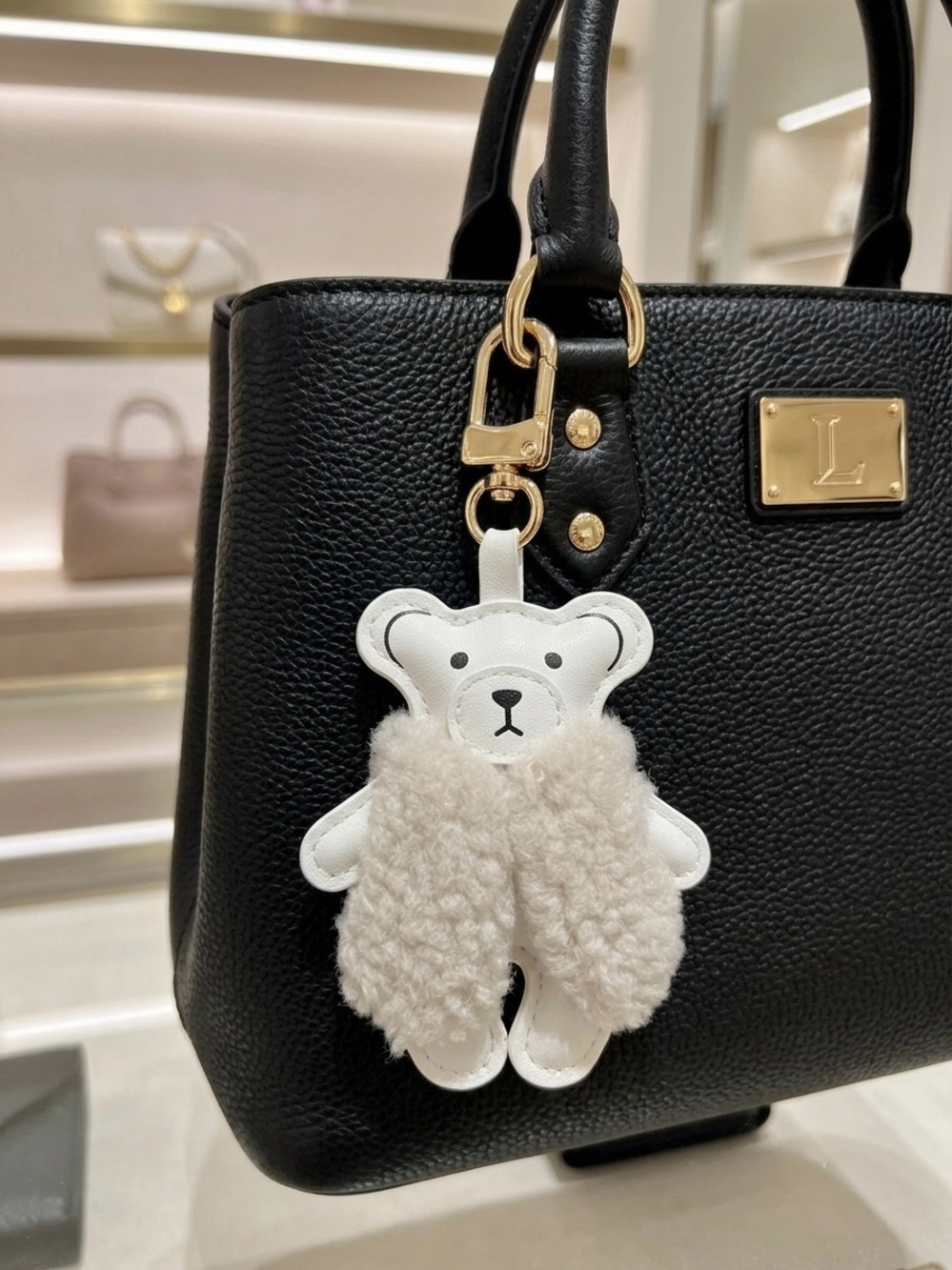 Piper Bear Bag Charm, Fluffy Sherpa Vest, Gold Clasp Keychain Accessory